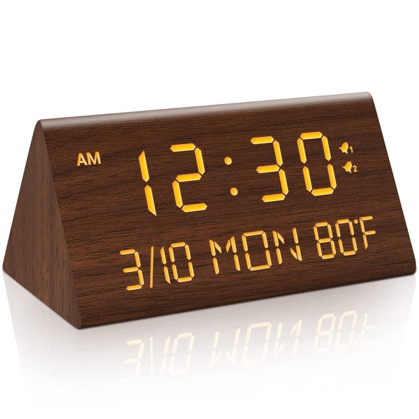Kogonee Wooden Digital Alarm Clock, 0-100% Dimmer, 2 Alarm Settings, Weekday/Everyday Mode, 9 Mins Snooze, 12/24H, Temperature and Date Display for Office, Travel, Bedroom Alarm Clock (Brown)