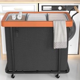 60 Gal (230L) Laundry Hamper 3 Section with Lid, Leather Patchwork Laundry Sorter with Rolling Lockable Wheels and Handle, Laundry Basket Organizer for Laundry Room, Bedroom and Bathroom - Black