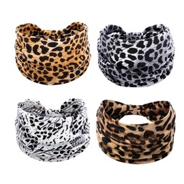 Boho Headbands Yoga Leopard Hair Bands Stretch Wide Head Bands Twist Turban Knot Sweatbands Elastic Hair Wraps for Women and Girls Pack of 4 (Multiple colors, One size)