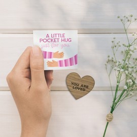 Little Pocket Hug Just For You Wooden Heart Token with Positive Affirmations - Small Keepsake Card For Wallet/Purse (Pink, You Are Loved)
