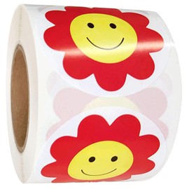 2 Inch Red Flower Face Happy Face Stickers - Teacher Reward Stickers Circle Stickers 500 Round Happy Face Labels (Red, 2 Inch)