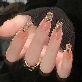 Hkanlre Bling Coffin Press On Uñas Falso Uñas Consejos Cubierta Completa Mediano Falso Gradiente Uñas para Mujeres y Niñas 24Pcs (Coffin Dorado)