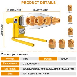 JIAWANSHUN Plastic Pipe Welding Machine, 110V Plastic Water Pipe Welder with 0.79, 0.98, 1.26, 1.57, 1.97, 2.46in Die Head and Pipe Cutter, Socket Fusion Welder for PP, PP-R, PE, PP-C, 0-608℉
