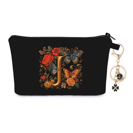 Jom Tokoy Makeup Bag and Keychain Letters Zipper Pouch Travel Accessories Black Cosmetic Bag Make up Organizer (J)