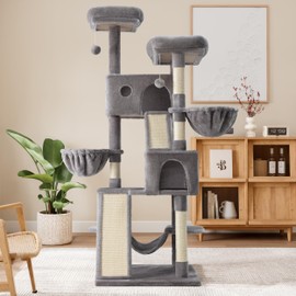 Allewie 65in Multi-Level Tall Cat Tree for Indoor Cats/Larger Tower with Wide Base/Cozy Plush Cat Perches/Cat Condo with Hammock/Sisal Scratching Posts/Grey