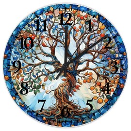 Tree of Life Stained Glass Wooden Wall Clock 10 Inch Silent Non-Ticking Large Numbers Battery Operated Blooming Tree Pictures Wall Clock Farmhouse Home Decor for Above Fireplace Kids Room Workshop
