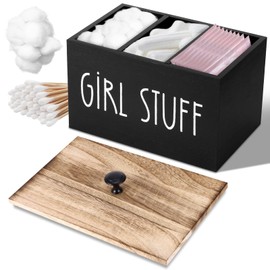 BTBHIHO Cotton Bud Dispenser Black, Cotton Bud Container Bathroom Tampon Holder, Bathroom Storage Box Made of Wood with Three Compartments and Lid for Bathroom, Dressing Table, Living Room