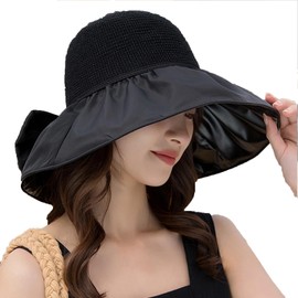 Womens Wide Brim Sun Hat, Ladies UPF50+ Summer Sun Protection Beach Bucket Hat Summer Shapeable Fisherman Hat Church Derby Cap Sun Hat with Bow for Outdoor Sports Traveling Holiday Cocktail