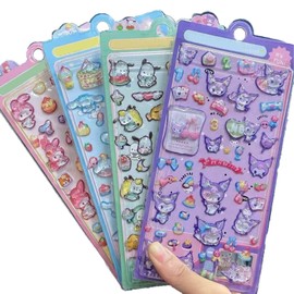Wonderflower 3D Sanrio Stickers, Decoration Stickers, Character Hollow 3D Candy Stickers, DIY Notebook and Phone Stickers, PVC Material, Multi-Color Set of 4 W02