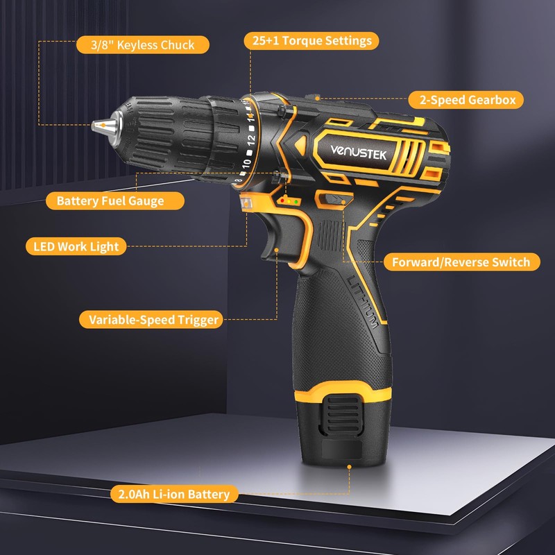 VENUSTEK Cordless Drill Set 12V Power Drill with Battery and
