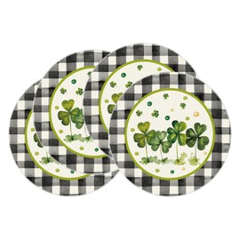 BOTB LIHM St. Patrick's Day Plaid Watercolor Green Shamrocks Clovers Round Placemats Set of 4 Table Mats Table Decorations 14x14 Inch