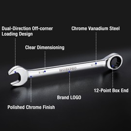 WORKPRO 9/16" Ratcheting Combination Wrench SAE, CR-V Constructed with Mirror Polish Chrome Plating, 12-Point Design, 15-Degree Offset