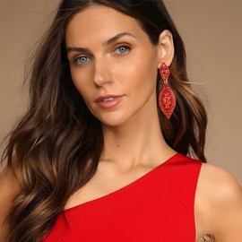 EVER FAITH Red Earrings Sparkly Crystal Drop Earrings for Women Teardrop Statement Dangle Pierced Earrings Costume Jewellery Gold-Tone