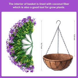INXUGAO 12" Hanging Planter with Artificial Silk Daisy Flowers for Outdoor Decor, Faux Silk Flower UV Resistant Plants in Basket Indoor Porch Garden Yard Spring Summer Decor(Purple)