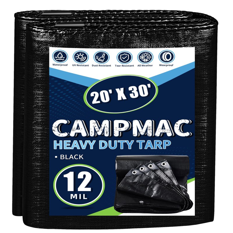 CAMPMAC Black Tarps Heavy Duty Waterproof 20x30, 12 Mil Thick,