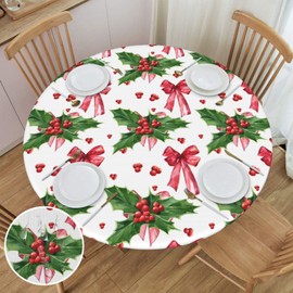 WILL BUDXEG Christmas Holly Red Ribbon Round Fitted Table Covers Elastic Edge Circle Tablecloth for Dining Party Holiday Fits Table Up 45"-50" Diameter