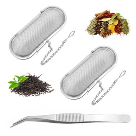 2 Stück Rostfreier Edelstahl Teefilter, Feinmaschiger Teefilter, Feines Elliptisch GewüRzsieb, Teesieb Groß mit Kette, Gewürzfilter mit Teeklammern, Teesieb Edelstahl für Losen Tee Gewürze Gewürze