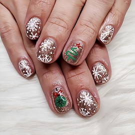 BFY Snowflake Press on Nails Short Square Winter Christmas Fake Nails, Xmas Tree Lantern Gold Glitter Acrylic Nails Stick Glue on Nails, Shiny False Nails Kits Winter Xmas New Year Accessories 24 Pcs