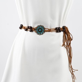 Wambere Women's Braided Waist Belt, Boho Dress, Waist Belt, Tassels Belt Rope, Woven Waist Chain Made of Wooden Beads, Adjustable Cord Belt, Rope Belt, for T-Shirts, Long Shirts, Dresses, D