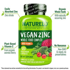 NATURELO Vegan Zinc Immune Support Capsules - Whole Food Complex with Vitamin C for Healthy Skin, Hair, and Nails - 120 Capsules