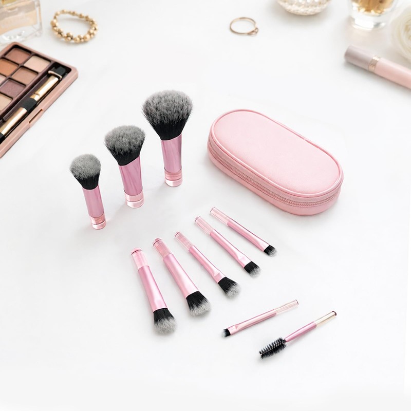 10-Piece Mini Pink Travel Makeup Brush Set with Pouch, Pink