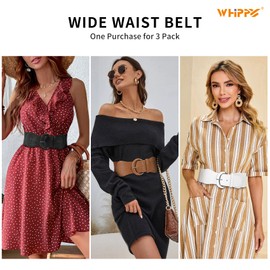 WHIPPY 3 Pack Women Wide Elastic Waist Belt Vintage Stretchy Belt Waistband for Ladies Dresses, Black/White/Brown, M