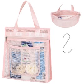F-color Mesh Shower Caddy Portable Hanging - 3 Pockets Small Shower Bag Tote for Camping, Gym, Travel, Toiletry, Quick Dry Bathroom Essentials with S Hook, Pink