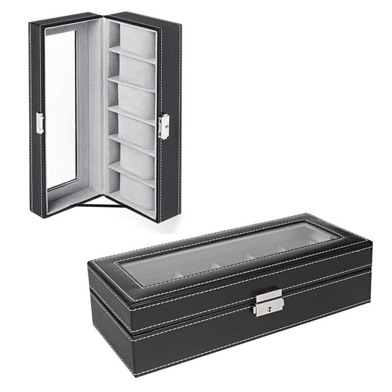 NEX 6 Slot Leather Watch Box Display Case Organizer Glass