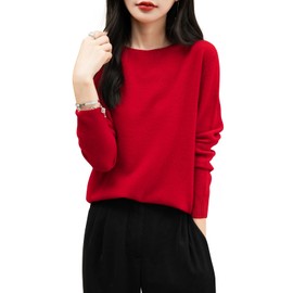 Chanyarn Cashmere Style Sweater for Women 2025 Fall Winter Long Sleeve Seamless Knit 100% Merino Wool Warm Soft Crewneck Pullover Sweater (Red,M)