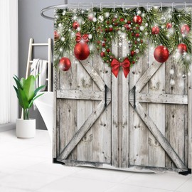 Vintage Christmas Shower Curtain for Bathroom,Red Xmas Ball with Green Fir Twigs Wreath on Rustic Barn Door Fabric Shower Curtain with Hooks,Western Farmhouse Bathroom Curtain Shower Set, 72x72 inches