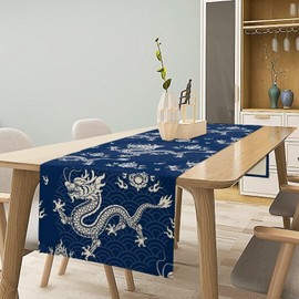 Chinese Dragon Table Runner, Traditional Asian Blue Paper Cut Art Dragon Fire Happy Chinese New Year Table Runner for Home Kitchen Dining Table Party Decor, 13x36inch