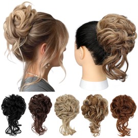 Messy Bun Hair Piece Tousled Updo Hair Extension with Elastic Rubber Band Synthetic Curly Wavy Hair Bun Scrunchie for Women Girls, Light Brown Mix Ash Blonde 1.2oz