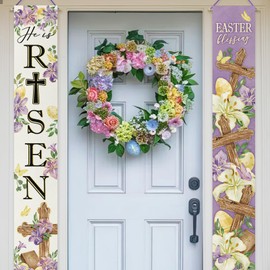 Deroro Easter Blessing He is Risen Christian Porch Banner Sign, Religious Cross Lily Flowers Purple Front Door Decorative Hanging Welcome Banner Flag, Spring Egg Bible Decoration Home Outdoor Decor