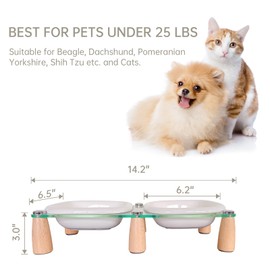 PEIYATA Ceramic Dog and Cat Bowl with Beech Wood & Acrylic Stand Non-Slip Glaze Weighted Food Water Set for Cats &Small Dogs 13.5OZ