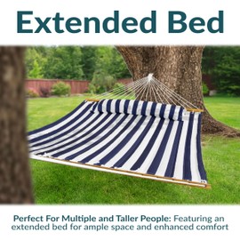 Sunnydaze Extra Large Quilted Hammock with Spreader Bars - 2-Person Hammock for Outside - Blue and White Stripe