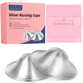 Boboduck The Original Silver Nursing Cups - 999 Silver Nipple Covers Breastfeeding - Protect and Soothe Sore Nipples - Breastfeeding Essentials Silver Nipple Guards with Soft Silicone Ring (X-Large)