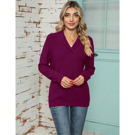 IECCP Ladies Jumpers V Neck Lightweight Long Sleeve Sweater Casual Solid Color Pullover Fuchsia L