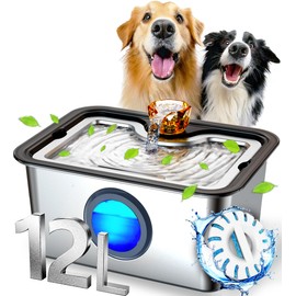 Large Dog Water Fountain SS304,12L Ultra-Purification Pet Drinking Dispenser with Visual Window,Widely Drinking Area,Deep Purification Filter,Triple Waterfall Structure,Low Water Indicator