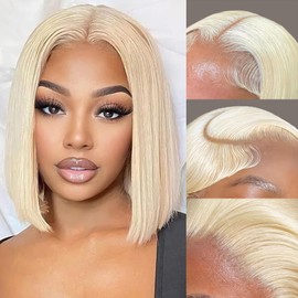 Thogriy 613 Blonde 13x4 Bob Wig Human Hair 180% Density HD Transparent Lace Front Wigs Human Hair Short Bob Pre Plucked Straight Wigs Human Hair for Women 8 Inch