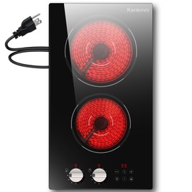 2 Bruner Electric Cooktop, Plug in Cooktop 110v, 12 Inch Kitchen Electric Stove Countertop & Built-In, Knob and Touch Control, 9 Power Levels, 2000w, Safety Lock, Pause, Timer, Karienvir