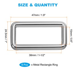 PATIKIL Flat Metal Rectangle Rings 1-1/2" / 38mm, 8 Pcs Square Loop Webbing Belt Buckle for Strap Keeper Leathercraft Bag Belt DIY Purse Making Silver