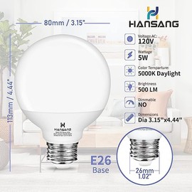hansang 8 Pack Bathroom Light Bulbs, 5000K Daylight LED Globe Light Bulbs, 40W Equivalent E26 Base, G25 Vanity Light Bulb for Bathroom Makeup Mirror, Bedroom Lights 120V, CRI85+, 500LM, Non-dimmable