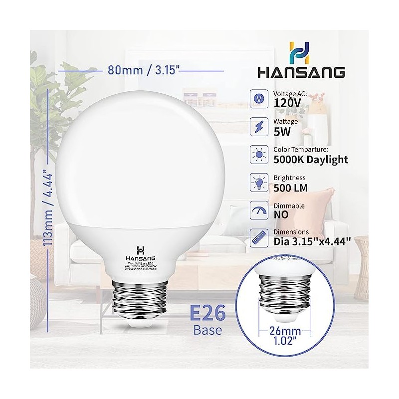 hansang 8 Pack Bathroom Light Bulbs, 5000K Daylight LED Globe