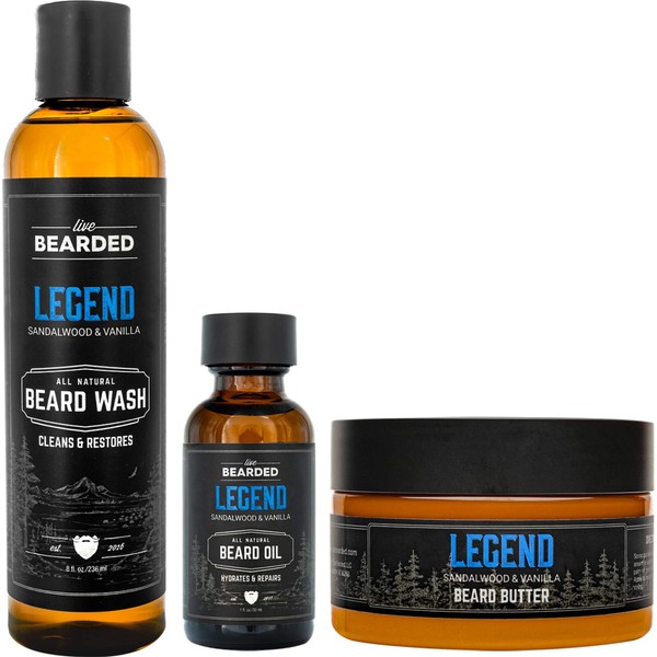 Live Bearded: 3-Step Beard Grooming Kit - Legend - Beard Wash, Beard Oil and Beard Butter - All-Natural Ingredients with Shea Butter, Jojoba Oil and More - Beard Growth Support - Made in the USA