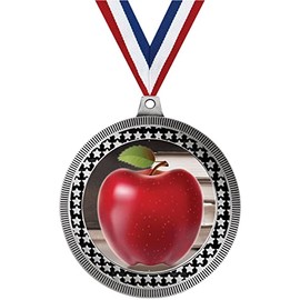 2.75" Apple Medal Award, Silver Vega Apple Team Trophy Award Includes Free Neck Ribbon