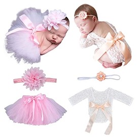 4 PCS Newborn Photography Props Outfits-BabyTutu Skirt Cute Bow Headdress and Lace Rompers Flower Headband Sets for Infants Girl Boy (lace Romper+Tutu Shirt)