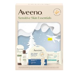 Aveeno Sensitive Skin Essentials Gift Set with Daily Moisturizing Lotion, Moisturizing Body Wash, Calm and Restore Makeup Removing Wipes and Skin Relief Repairing Hand Mask, 4 Items