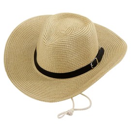 Beige Western Straw Cowboy Hat with Windproof Rope,Beach Straw Hat Foldable with Leather Belt,Lightweight Vintage Nationality Style Cowboy Sunhat for Men Womens Summer