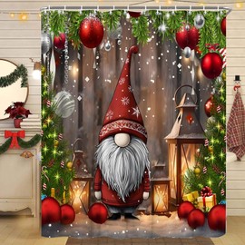 JONSEQIN Merry Christmas Shower Curtain Gnome Red Xmas Balls Vintage Wooden Board Green Fir Tree Farmhouse Winter Holiday Polyester Fabric Bath Decor with Hooks