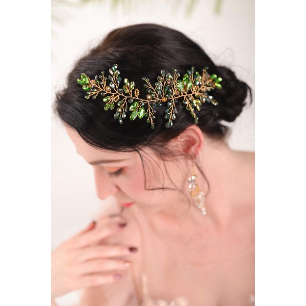 Beryuan Women Elegant Emerald Green Crystal Rhinestone Wedding Hair Accessory Gift for Your Party Headdress for Bride Bridesmaid Girls (Gold)